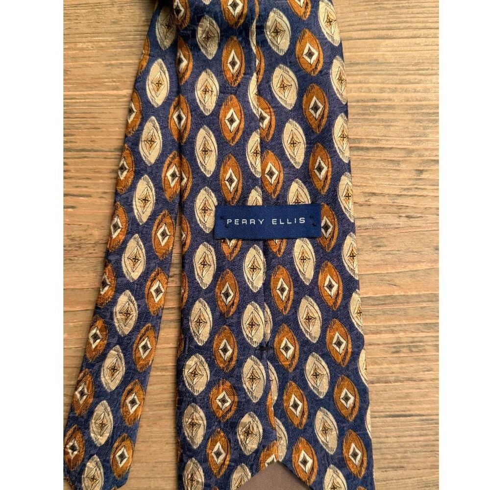 Vintage 90s Perry Ellis Silk Tie Navy Copper Abstract Medallion Print